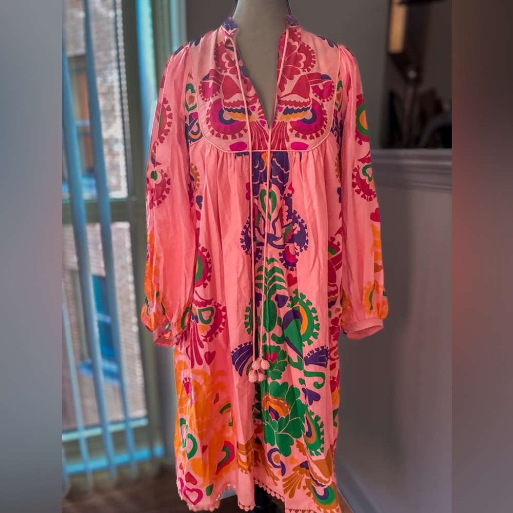 FARM RIO | Peach Amulet Midi Tunic Dress Lace Trim  XS